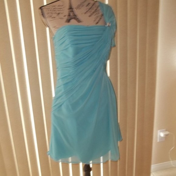 Stylish Pool Blue Chiffon One Shoulder Short Party Dress Size 8 - Picture 2 of 9